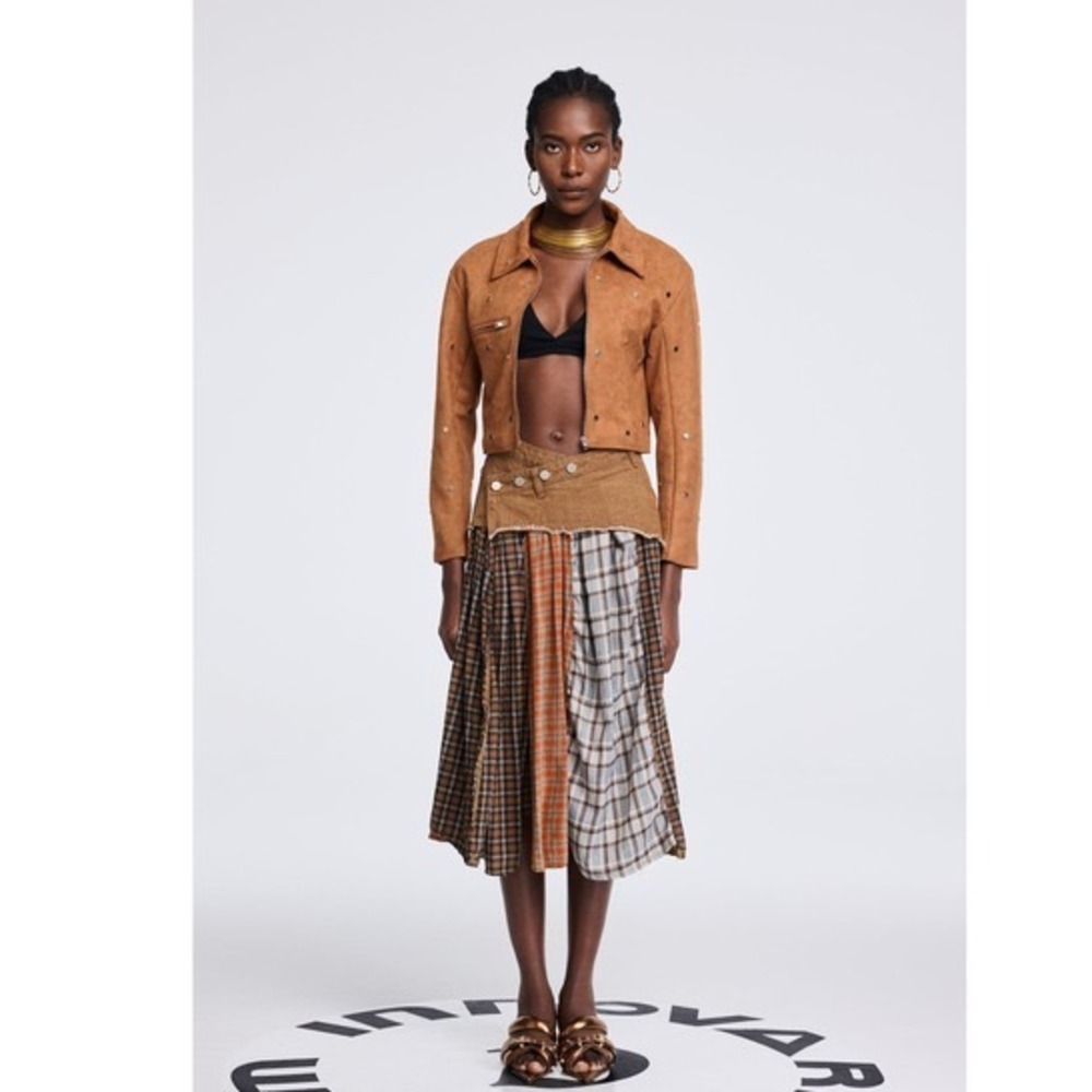 Micas Color Block Plaid Print Denim Patchwork Asymmetrical Midi Skirt size S